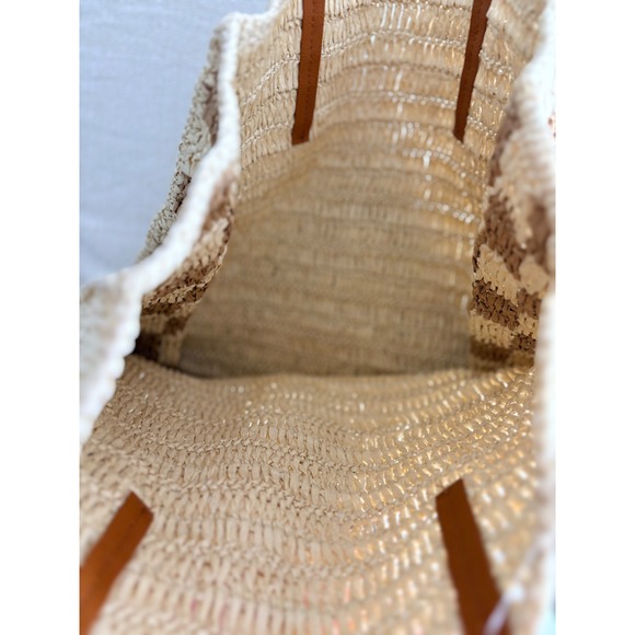 Universal Thread Packable Straw Tote Bag Beige Brown Checkerboard Ethically Made - Picture 5 of 9